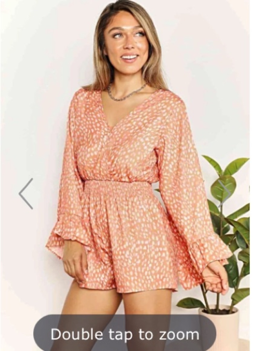 CHIC FLARE SLEEVE ROMPER WITH SURPLICE NECKLINE & SMOCKED DETAILING